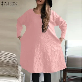 ZANZEA 2021 m. Pavasarį Palaidinė Moterims, O Kaklo Kietas Prarasti Viršūnes Tunika Vintage Cotton Blusas Mujer Atsitiktinis ilgomis Rankovėmis Ilgai Marškinėliai Moteriška