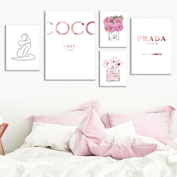 Pink Coco Pink Gėlių Kvepalų Buteliuko Spausdinti Plakato, Drobė, Tapyba Simbolių Linijos, Sienos Meno Nuotrauką Kambarį Namų Dekoro