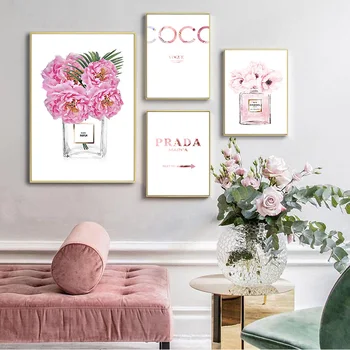 Pink Coco Pink Gėlių Kvepalų Buteliuko Spausdinti Plakato, Drobė, Tapyba Simbolių Linijos, Sienos Meno Nuotrauką Kambarį Namų Dekoro