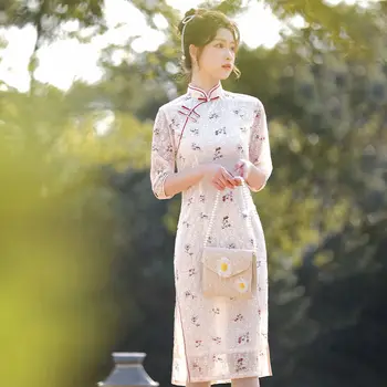 Kinų Tradicinė Suknelė Cheongsam Nėriniai Moterų Cheongsam Dailių Merginų Šalis, Vestuvių Qipao Mados Vintage Suknelė Trumpomis Rankovėmis