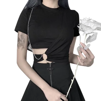 Gotikos T Marškinėliai Black marškinėliai Moterims Seksualus Tuščiaviduriai Iš Viršūnės Punk Stiliaus Aukšto Juosmens Streetwear Goth Tamsiai Kratinys Moterų Tees