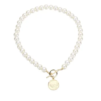 Retro stiliaus imitacija, perlų Monetos Pakabukas Karoliai moteriškumo paprasta t-mygtuką apvalus portretas pakabukas Perlų Vėrinį