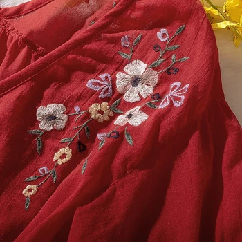 Originalus Blyksnius Rankovėmis Vasarą Long Palaidinė Moterims, Elegantiškas Gėlių Siuvinėjimas Raudona Vieną Krūtinėmis Paplūdimio Moterų Palaidinukės