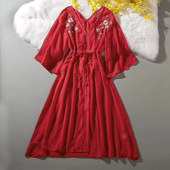Originalus Blyksnius Rankovėmis Vasarą Long Palaidinė Moterims, Elegantiškas Gėlių Siuvinėjimas Raudona Vieną Krūtinėmis Paplūdimio Moterų Palaidinukės