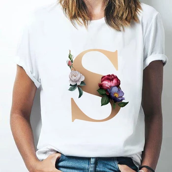 Nauja Vasaros Moteris Tshirts Užsakymą Pavadinimas Laišką Derinys Spausdinti Grafinis Tee marškinėliai Aukso abėcėlė gėlių trumpomis Rankovėmis Drabužius