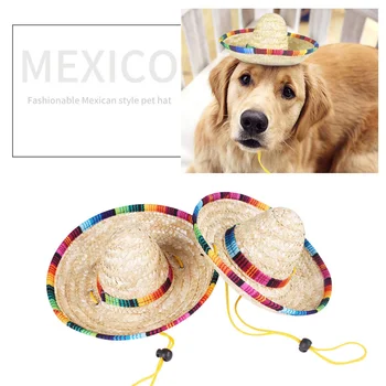 Spalvotų Šunų Kačių Meksikos Šiaudų Sombrero Skrybėlę Pet Reguliuojamas Sagties Kostiumas Havajų Stiliaus Skrybėlė Šunys, Katės Kostiumų Priedai