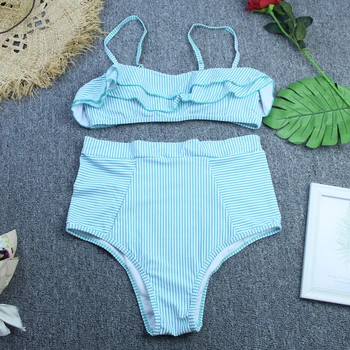 Seksualus Retro Mėlyna Balta Dryžuotas Bandeau Aukšto Juosmens Bikini 2020 M. maudymosi Kostiumėliai Moterims vasaros maudymosi kostiumėlį Moteris Pynimas Ruched Maudymosi Kostiumas