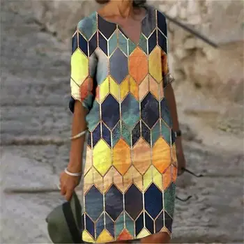 Moterų Elegantiškas Geometrinis Spausdinti Midi Suknelė Vasaros Derliaus Pusė Rankovėmis V-Kaklo Silm Dress Lady Boho-line Plus Size Paplūdimio Suknelės