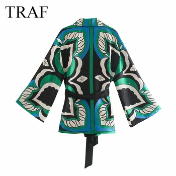 TRAF moteriški Drabužiai 2021 Palaidinės Ir Marškinėliai Su Diržu Spausdinti Wrap Kimono Palaidinė Prarasti Derliaus Trys Ketvirtį Rankovės Moterų Topai