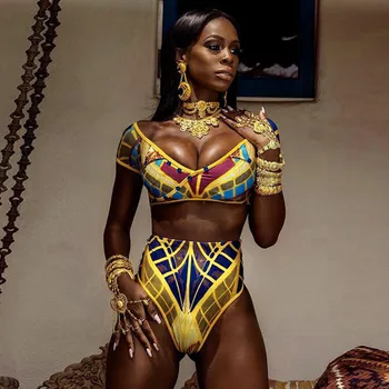 Sexy Moteris Afrikos Gėlių maudymosi kostiumėlį, Maudymosi Kostiumą, Aukštos Juosmens Spausdinami Aukštos Juosmens Bikini Komplektas Besimaudančių maudymosi Kostiumėliai Paplūdimio #T2G