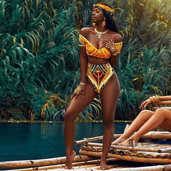 Sexy Moteris Afrikos Gėlių maudymosi kostiumėlį, Maudymosi Kostiumą, Aukštos Juosmens Spausdinami Aukštos Juosmens Bikini Komplektas Besimaudančių maudymosi Kostiumėliai Paplūdimio #T2G