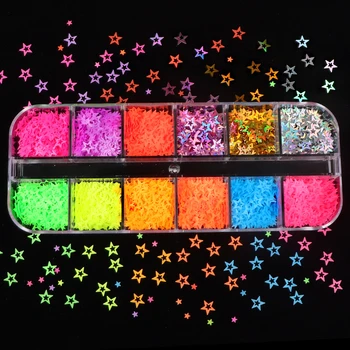 12 Tinklai Fluorescencijos Tuščiaviduriai Star Blizgučiai Blizgučiai Nagų Dizaino Neon Pigmentų Dalelės Paillette Nagų Dailės Reikmenys, Papuošalai