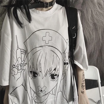 QWEEK Goth Marškinėlius Moterims 2021 Harajuku Anime Mergina Spausdinti Alt Drabužius Estetinės Streetwear Mall Goth Viršūnes Japonų Stiliaus Marškinėliai