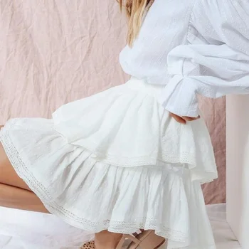 2021 Vasaros Aukšto Juosmens Moterų Baltas Sijonas-Line Elegantiška Moteriška Mini Sijonai Atsitiktinis Nėrinių Sudurti Mergina Saldus Ponios Trumpas Sijonas