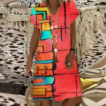 Retro Modelio Spausdinimo V Kaklo Šalis Suknelė Moterims 2021 M. Vasarą Trumpomis Rankovėmis Prarasti-Line Suknelė 
