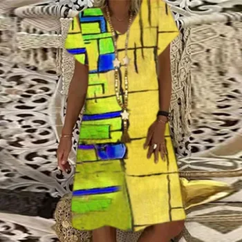 Retro Modelio Spausdinimo V Kaklo Šalis Suknelė Moterims 2021 M. Vasarą Trumpomis Rankovėmis Prarasti-Line Suknelė 