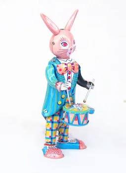 [Juokingi] Classic kolekcija Retro Clockwork happy bunny triušiai Vėjo iki Metalo Pėsčiomis Alavo žaisti būgno triušis robotas Mechaninė žaislas