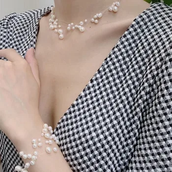 Nemokamas pristatymas žvaigždėtą vasaros 3 vnt. viename karoliai, apyrankės auskarai rinkinys moterims, natūralios baltos spalvos nekilnojamojo perlų papuošalai vestuvių dovana