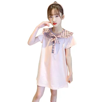 2021 vaikų vasaros naują stiliaus mergina korėjos plaid l-kaklo suknelė mados trumparankoviai marškinėliai suknelė