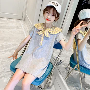 2021 vaikų vasaros naują stiliaus mergina korėjos plaid l-kaklo suknelė mados trumparankoviai marškinėliai suknelė