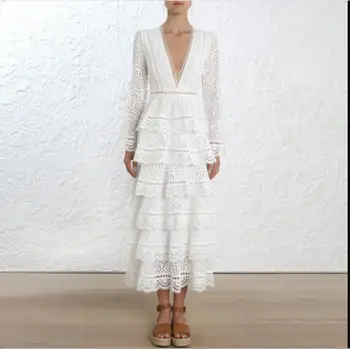 Boho suknelė maxi elegantiškos Baltos spalvos nėrinių prarasti mados Tuščiaviduriai ilgomis rankovėmis Mados ilga suknelė bohemijos sukienka boho vestido moteris skraiste
