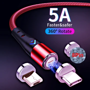 5A Super Greitai Įkrauti Magnetinio Įkrovimo Kabelis, Mikro USB C Tipo USB C Laido Telefono Kroviklio Laidą Magnetas Kabelis 360 Laipsnių Pasukimas