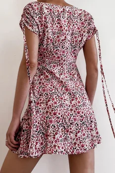 Moterys Vasarą-Line Suknelė Nauja Seksuali Giliai V-Kaklo Mygtukus Raišteliu Tvarstis Trumpomis Rankovėmis Aukštos Juosmens Gėlių Spausdinti Slim Mini Suknelės