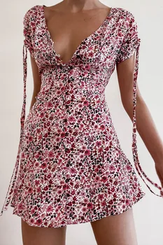 Moterys Vasarą-Line Suknelė Nauja Seksuali Giliai V-Kaklo Mygtukus Raišteliu Tvarstis Trumpomis Rankovėmis Aukštos Juosmens Gėlių Spausdinti Slim Mini Suknelės