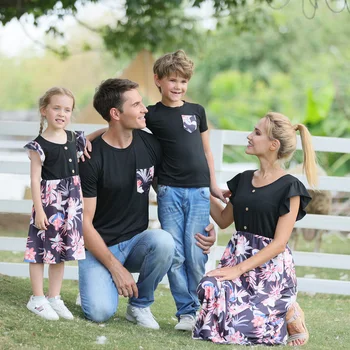 Naujas Šeimos Atitikimo Suknelė Gėlių Spausdinti Rankovių Motina Dukra Suknelės Tėvo Sūnus T-Shirt Mamytė Ir Man Drabužius Viršūnes Komplektai