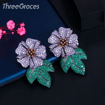 ThreeGraces Naujų Gėlių Dizainas Violetinė Žalia CZ Kristalų Didelis Lapų Tabaluoti Auskarai Moterims, Vestuves, bižuterijos ER606