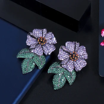 ThreeGraces Naujų Gėlių Dizainas Violetinė Žalia CZ Kristalų Didelis Lapų Tabaluoti Auskarai Moterims, Vestuves, bižuterijos ER606