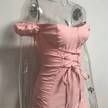 Moterų Kawaii Vasaros Vientisos Spalvos Rožinės Spalvos Mini Suknelė Saldus Nėriniai-Up Trumpas Rankovės Off-Pečių Aukšto Juosmens Bodycon Suknelė 2021