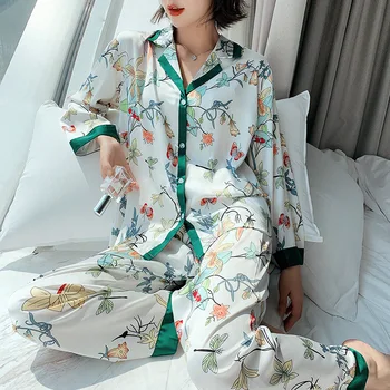 Moterų Satino Pižama Nustatyti Spausdinami ilgomis Rankovėmis ir Ilgas Mygtuką Žemyn Sleepwear Sumemer Šilko Loungewear S-XXL