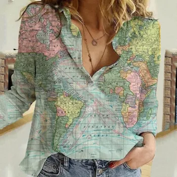 Žemėlapis spausdinti Marškinėliai Moterims 2021 Metų Mados Rudenį Sping Atvartas Mygtuką Marškinėliai Atsitiktinis Palaidų Viršuje Ponios ilgomis Rankovėmis Viršūnes Dropshipping