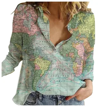 Žemėlapis spausdinti Marškinėliai Moterims 2021 Metų Mados Rudenį Sping Atvartas Mygtuką Marškinėliai Atsitiktinis Palaidų Viršuje Ponios ilgomis Rankovėmis Viršūnes Dropshipping