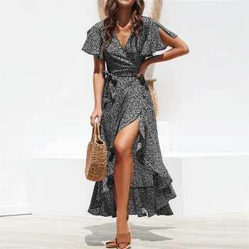 Šifono Polka Dot Maxi Suknelė Nereguliarus Spausdinti Bohemijos Suknelės Moterims 2021 Raukiniai V-Kaklo Padalinta Paplūdimio Vestidos De Fiesta Skraiste
