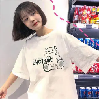 Naujas Moterys T-shirt Vasaros Harajuku Bear Cat Spausdinimas Grafinis Tee Negabaritinių Atsitiktinis Palaidų trumparankoviai O-kaklo Tshirts Kawaii Merginos