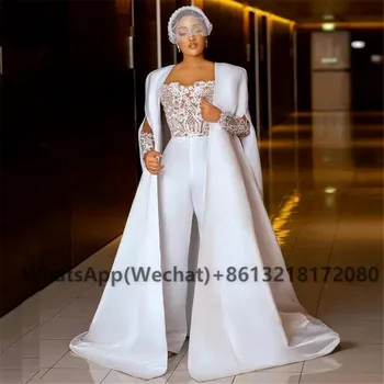2021 Balta Nėrinių Jumpsuit Vestuvių Suknelės Ilgomis Rankovėmis Apranga Plisuotos Ruched Afrikos Plius Dydis Vestuvių Vestuvinės Suknelės
