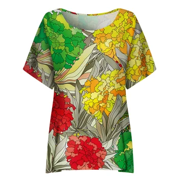 Nauja Mada Moterims Gėlių Atspausdinta Tee Marškinėliai Vasaros Atsitiktinis trumpomis Rankovėmis Megztinis Viršūnes Elegantiškas O Kaklo Prarasti T Shirts Streetwear 3XL