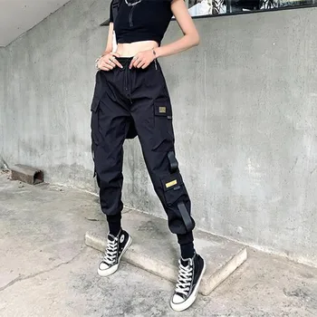 Hip-Hop Krovinių Kelnės Moterims Gumelės Juosmens Juoda punk kišenėje kelnes Egirl Alt Kelnes Harajuku Streetwear Jogger Kelnės Paaugliams