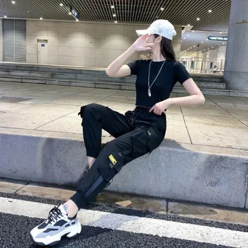 Hip-Hop Krovinių Kelnės Moterims Gumelės Juosmens Juoda punk kišenėje kelnes Egirl Alt Kelnes Harajuku Streetwear Jogger Kelnės Paaugliams