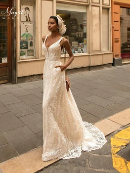 MNGRL Retro V-kaklo, Paprastas Baltas 3D Gėlių Nėrinių Undinėlės Uodega Nuotakos Suknelės Rankovių Vestuvių Suknelė Plius Dydis Vestuvių Suknelė