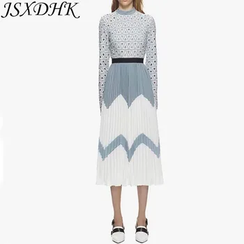 JSXDHK 2021 kilimo ir tūpimo Tako Dizaineris Moterų Plisuotos Nėrinių Suknelė autoportretas Šifono Kratinys ilgomis Rankovėmis Derliaus Tuščiaviduriai Iš 