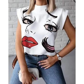 Harajuku Marškinėliai Moterims Vasaros Palaidinė 2021 Stovėti Apykaklės Gėlių 3D Lūpų Spausdinti korėjos Stiliaus Atsitiktinis Ponios Viršų Puloveris Blusa Sj7703M