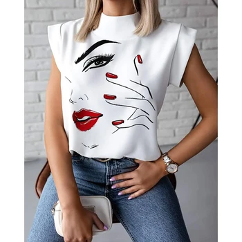 Harajuku Marškinėliai Moterims Vasaros Palaidinė 2021 Stovėti Apykaklės Gėlių 3D Lūpų Spausdinti korėjos Stiliaus Atsitiktinis Ponios Viršų Puloveris Blusa Sj7703M