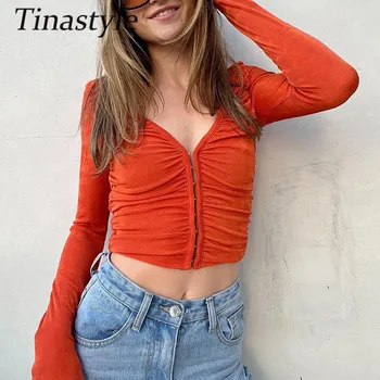 Tinastyle Ruched Sexy V Kaklo Pasėlių Top Women Marškinėliai Y2K Žalia Rudens Vasaros Atsitiktinis T Marškinėliai Moterims Korsetas Šalies Tees Clubwear
