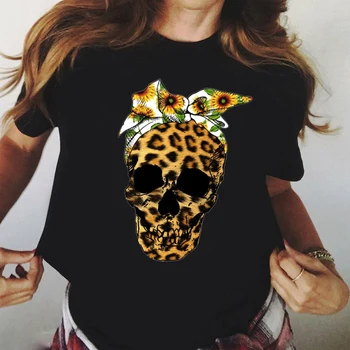 Merginos Viršūnes Tee Moterų Leopard Kaukolė Grafinis Atspausdintas Black T-shirt Harajuku Moterų Vasaros Mados Trumpas Rankovės Atsitiktinis Marškinėliai