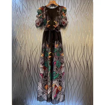 Prabangos Dizaineris kilimo ir tūpimo Tako 2021 Maxi Suknelė Moterims Giliai V-kaklo Sluoksniuotos Rankovėmis Lapų Spausdinta Nėrinių Lankas Seksualus Backless Šalis Suknelės