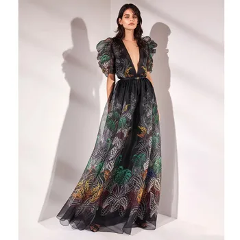 Prabangos Dizaineris kilimo ir tūpimo Tako 2021 Maxi Suknelė Moterims Giliai V-kaklo Sluoksniuotos Rankovėmis Lapų Spausdinta Nėrinių Lankas Seksualus Backless Šalis Suknelės