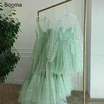 Booma Mėtos Žalumo Širdingas Prom Dresses 2021 Susieta Lankas Dirželiai Brangioji Midi Prom Chalatai Kišenės Arbata-Ilgis Vestuvės Suknelės
